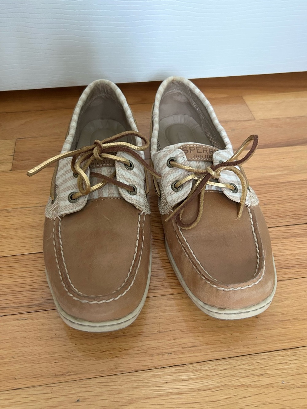 Sperry Top-Sider Bluefish 2-Eye Tan Leather Striped Linen Boat Shoes - Women's 8